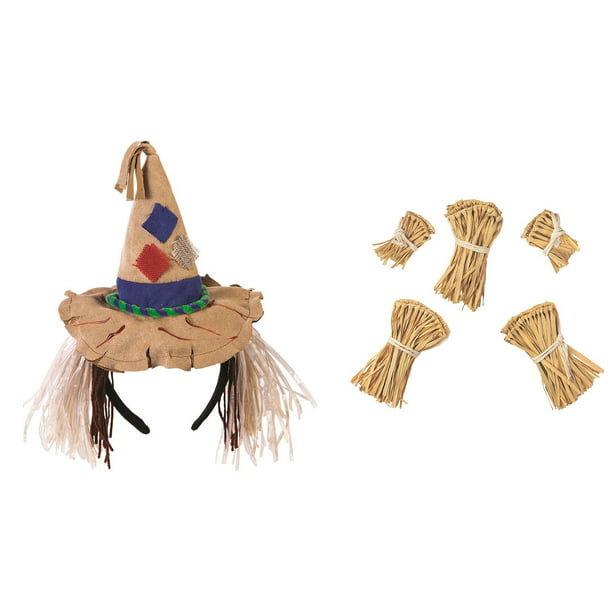 Geyoga 7 Pieces Scarecrow Costume Set Include Raffia Scarecrow Straw Kit Cotton Cord Ties Harvest Day Costume for Halloween Party Accessory Scarecrow Hat